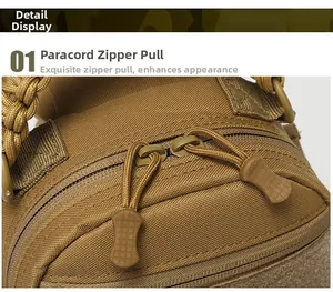 Macro detail of paracord pulls and bi-directional zipper on waterproof tactical chest bag