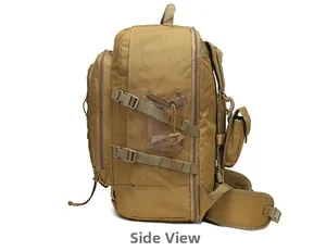 Side view of khaki tactical backpack with zipper compartments and mesh side pocket