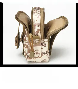 Detail view of the camo tactical waist bag interior with multi-compartment storage