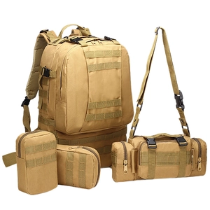 Tactical military backpack set in khaki nylon with modular MOLLE expansion system