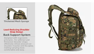 Detail of ergonomic padded shoulder straps and breathable mesh on camo tactical backpack