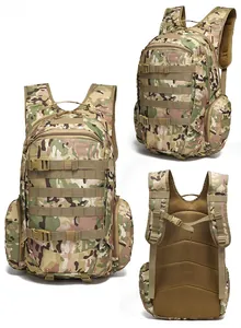 Detailed views of multicam tactical backpack with MOLLE system and ergonomic mesh back