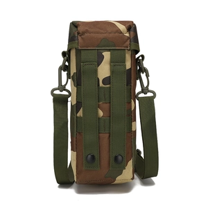 Tactical woodland camo water bottle bag with MOLLE system straps and shoulder strap