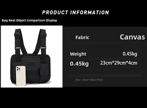 Tactical chest bag size comparison with a smartphone showing dimensions 23x29x4cm