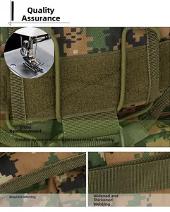 Detail view of digital camouflage tactical bag featuring reinforced nylon cross stitching