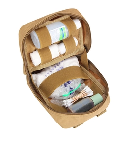 Detail view of the tactical medical pouch interior with elastic bands and medical supplies