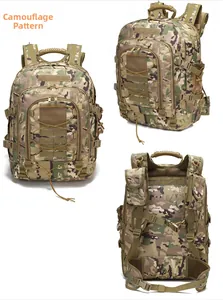 Three-view perspective of Multicam tactical backpack showing front side and back straps