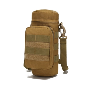 Tactical water bottle pouch in khaki nylon with MOLLE system and adjustable strap