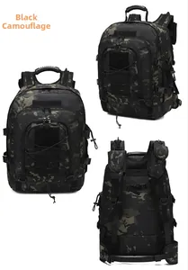 Close-up of tactical backpack in Black Multicam featuring MOLLE system and multiple views