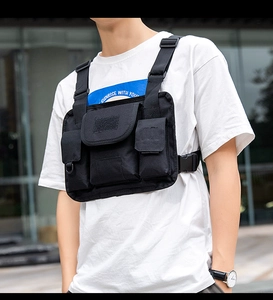 Detail of adjustable tactical chest bag with high-strength nylon and quick-release buckles