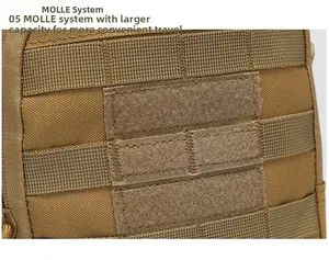 Close-up of MOLLE webbing system and Velcro patch on a durable coyote brown tactical chest bag