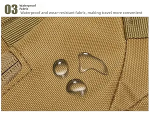Close-up of waterproof tactical backpack fabric showing water repellent coating and droplets