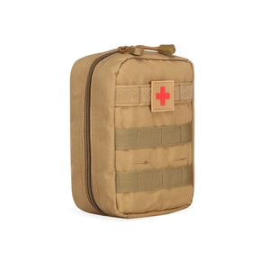 Tactical medical first aid bag in khaki nylon with MOLLE system and red cross patch