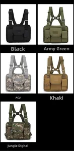 Tactical chest rigs in black, green, tan, and camouflage patterns with adjustable straps