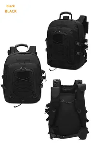Three-view layout of black tactical backpack with ergonomic padding and molle system