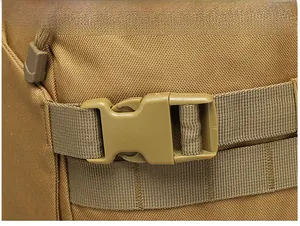 Close-up of durable plastic buckle and high-strength nylon strap on khaki outdoor backpack