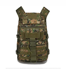 Close-up of tactical 45L backpack showing MOLLE webbing system and digital camouflage