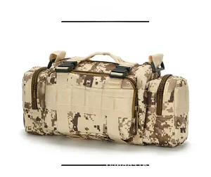 Macro detail of desert digital camo tactical waist pack with Molle webbing and buckles