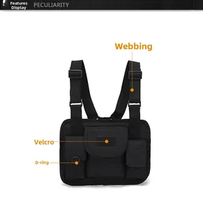 Detail of tactical chest rig featuring adjustable webbing, velcro closure and D-ring buckle