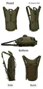 Vues détaillées du sac d'hydratation tactique vert armée avec dos en maille respirante