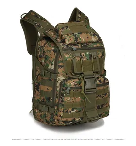Detail view of digital camo tactical backpack with MOLLE system and nylon straps