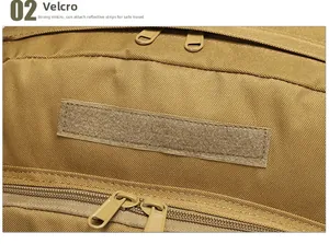 Macro detail of khaki tactical backpack featuring heavy-duty zippers and velcro patch area