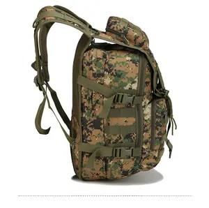 Side view of tactical backpack featuring MOLLE system and jungle digital camouflage pattern