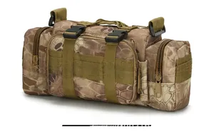 Detail of multi-functional tactical waist bag with jungle python camouflage pattern