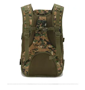Detail view of the breathable mesh back panel and padded straps on camouflage tactical backpack