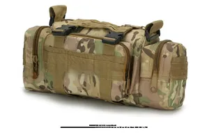 Detail view of Multicam tactical waist pack with MOLLE webbing and buckles