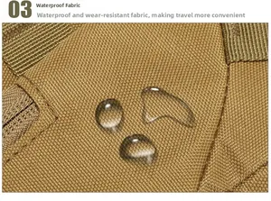 Close-up of water-resistant tactical nylon fabric with droplets on khaki backpack