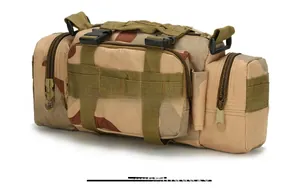 Detailed side view of tactical 3P waist bag in tri-color desert camouflage nylon fabric