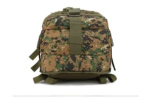 Detailed bottom view of tactical backpack showing camo fabric and reinforced webbing