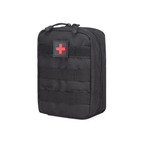 Tactical MOLLE medical pouch in black nylon with red cross patch on white background
