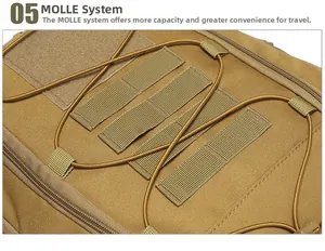 Close-up of tactical backpack with MOLLE system and adjustable elastic bungee cords