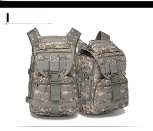Detail of waterproof ACU digital camo tactical backpack with MOLLE webbing and buckle system