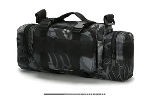 Detail view of multi-compartment tactical waist bag in Python Camo Black waterproof fabric
