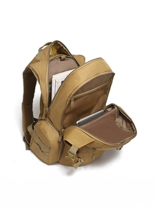 Tactical khaki outdoor backpack featuring multi-pocket design and internal tablet storage