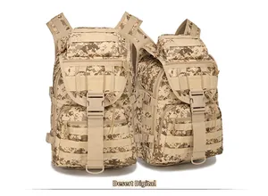 Detail of desert digital tactical backpack featuring MOLLE system and durable buckles