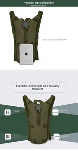 Sac à dos d'hydratation vert tactique avec comparaison de taille iPad Mini et détails