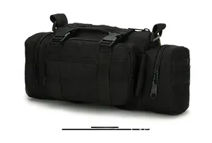 Close-up of black tactical waist bag with MOLLE webbing and durable plastic buckles
