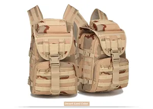Detailed front and side view of 45L tactical backpack in sand camouflage pattern