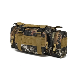 Macro side view of camouflage tactical waist bag with multi-pocket system and MOLLE webbing
