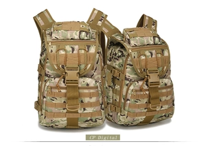 Detail view of 45L tactical backpacks with CP camouflage and MOLLE webbing system