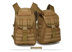 Front and side view of the Mud colored tactical backpack with MOLLE system and nylon fabric