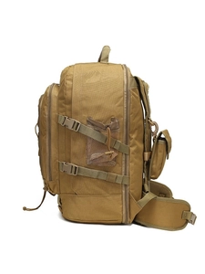Tactical hiking backpack in khaki with multiple zipper pockets and adjustable straps