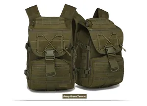 Front and side views of durable army green tactical backpack with Molle system details