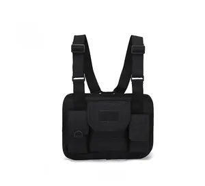 Detailed front view of black tactical chest bag with heavy duty nylon and buckles