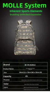 Detail of 40L waterproof tactical backpack featuring 800D oxford cloth and MOLLE webbing