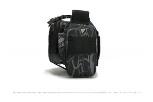 Tactical waist pack in snake-pattern camo showing main compartment and front zipper pouch